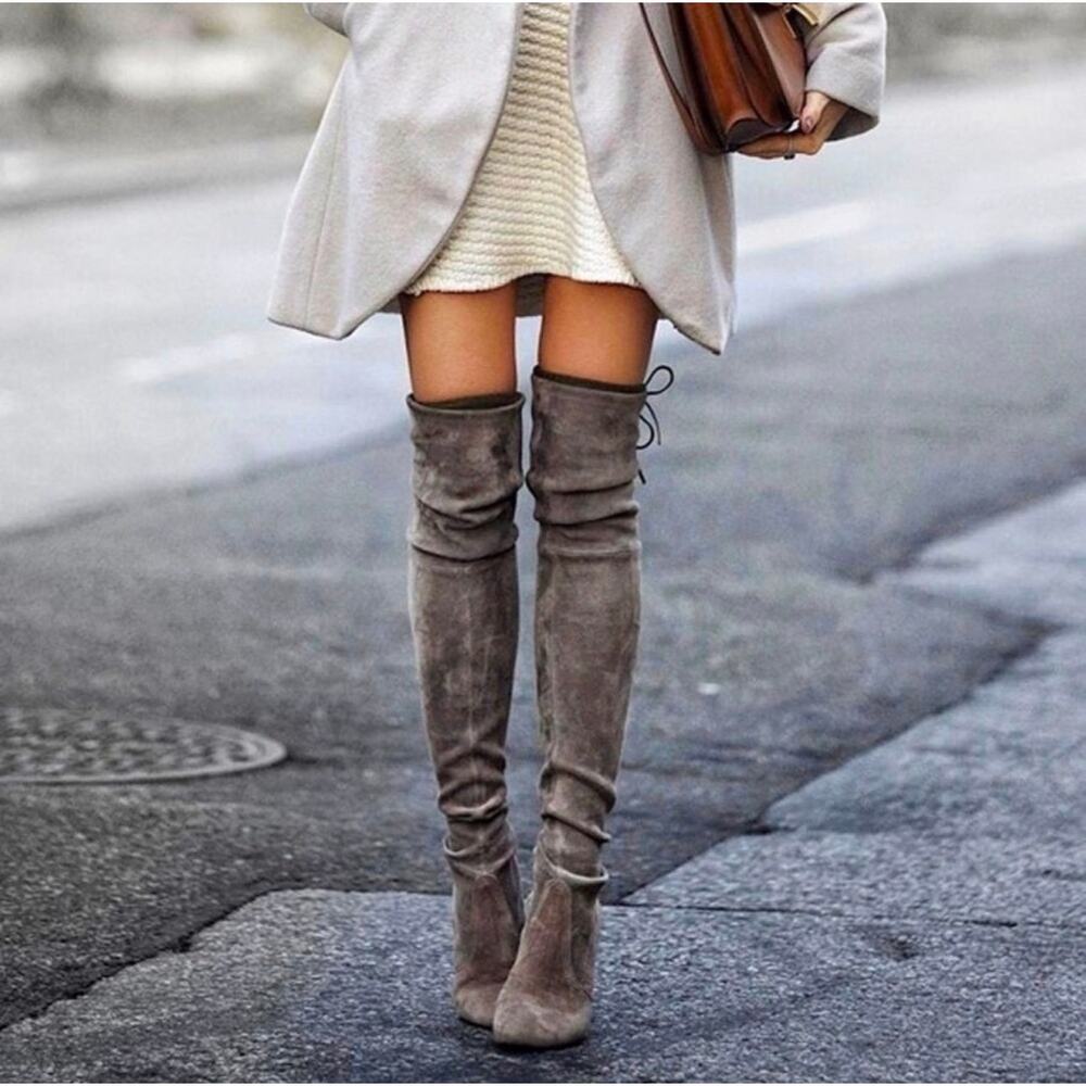 Stuart Weitzman Lowland Over-the-Knee Suede Boots Grey Size 7.5 OTK Minimalist